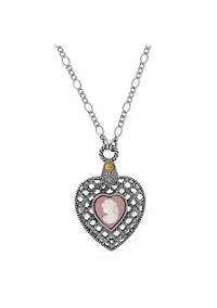 Pewter Heart with Pink Cameo Mirror Necklace 30in