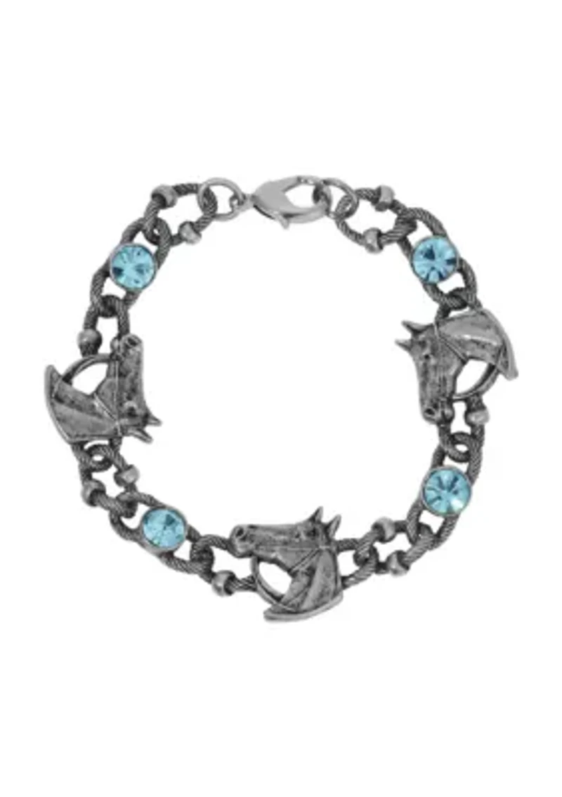 Silver Tone Horse Blue Glass Bracelet