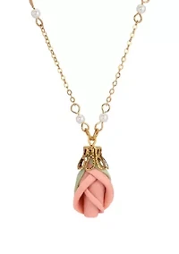 Pink Porcelain Rose Bud Necklace 16" Adj