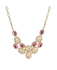 Gold Tone Pink & Porcelain Flower Stone Necklace 15" Adj.