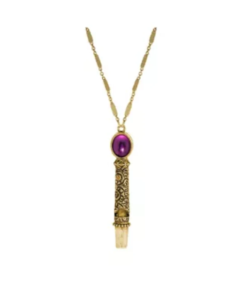 Gold Tone Purple Stone Whistle Necklace 28"