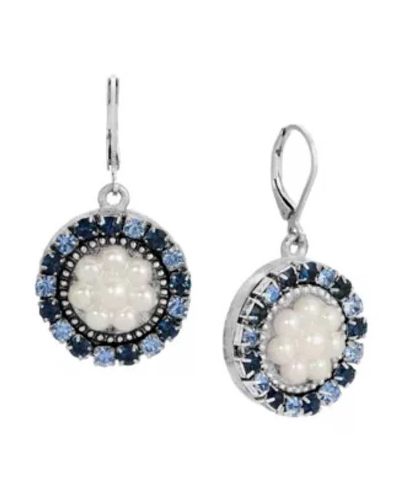 Silver Tone Round Blue Crystal Faux Pearl Drop Earrings