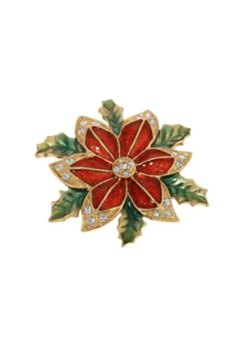 Gold Tone Red & Green Enamel Poinsettia Brooch