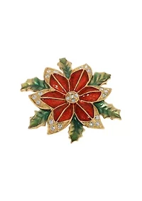 Gold Tone Red & Green Enamel Poinsettia Brooch