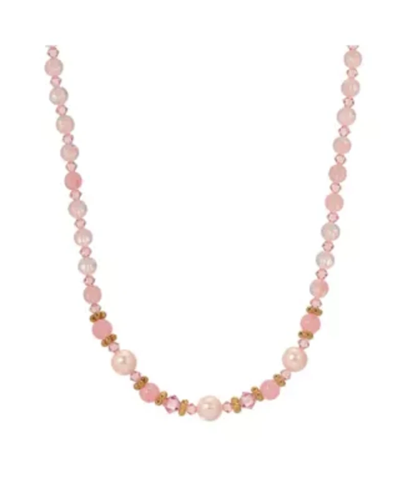 Gold Tone Pink Multi Bead Necklace 16" Adj.