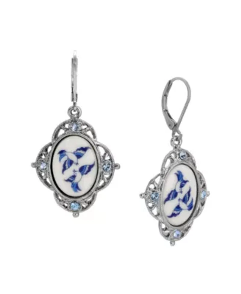 Silver Tone Blue Willow Stone Crystal Earrings