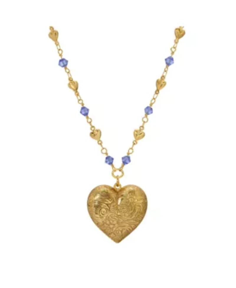 Gold Tone Heart Locket Blue Beaded Chain Necklace 18"