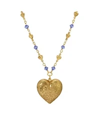 Gold Tone Heart Locket Blue Beaded Chain Necklace 18"