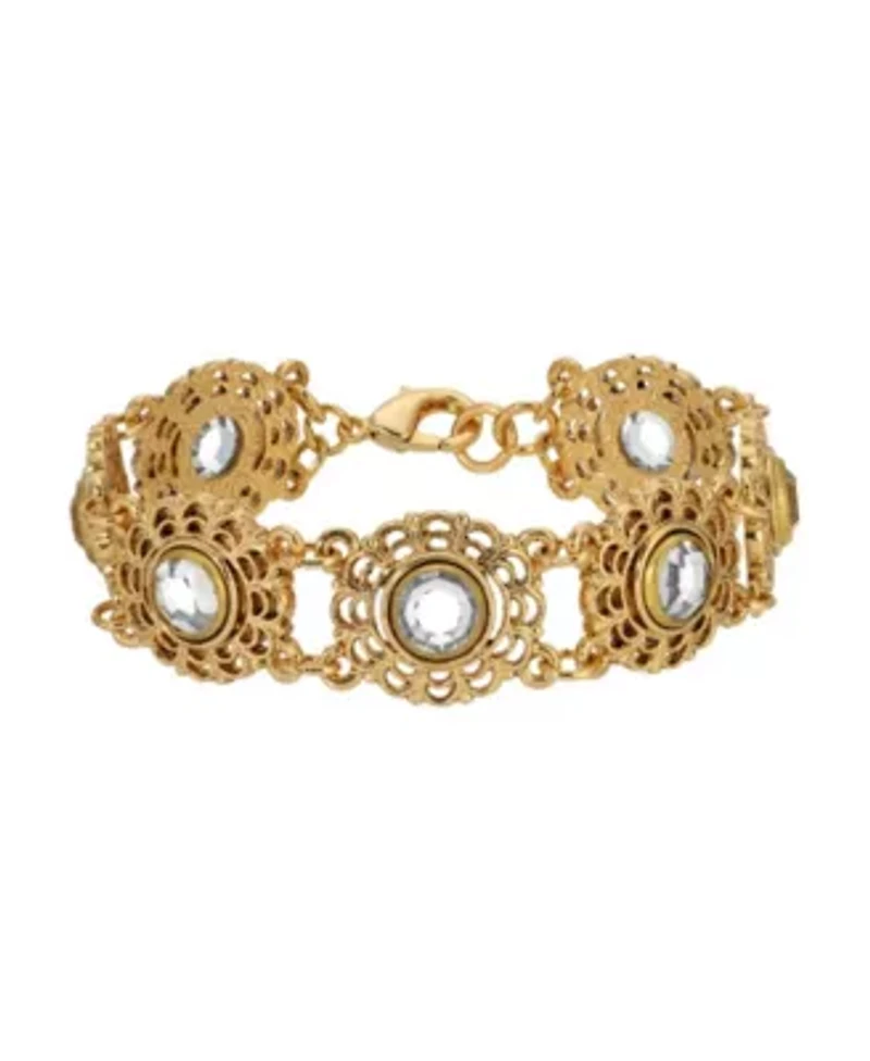 Gold Tone Round Filigree With Crystals Bracelet