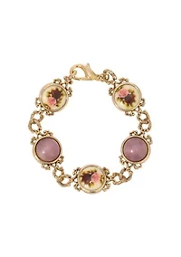 Gold Tone Ivory Decal Flower Purple Cabochon Bracelet