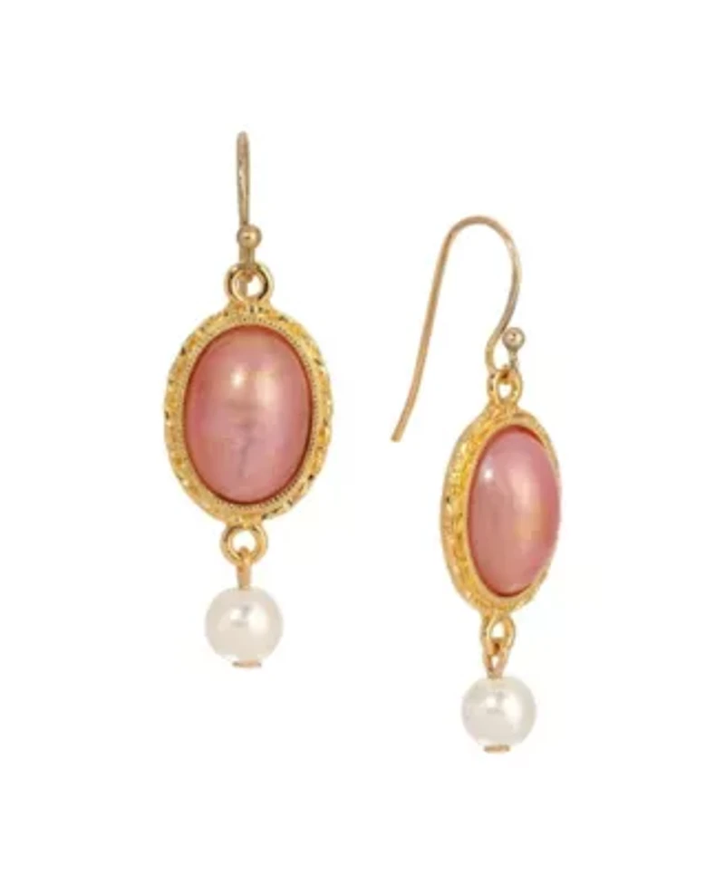 Gold Tone Pink Oval & White Faux Pearl Bead Earring