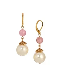 Gold Tone Pink Faux Pearl Bead Drop Earring