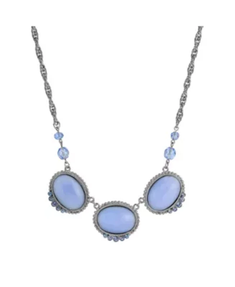 Silver Tone Oval Blue Moonstone Crystal Necklace 16" Adj.