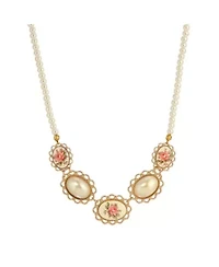 Gold Tone Rose Decal & Oval Faux Pearl Necklace 16" Adj.