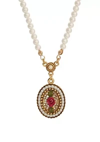 Faux Pearl Rose Filigree Oval Nk 14" Adj