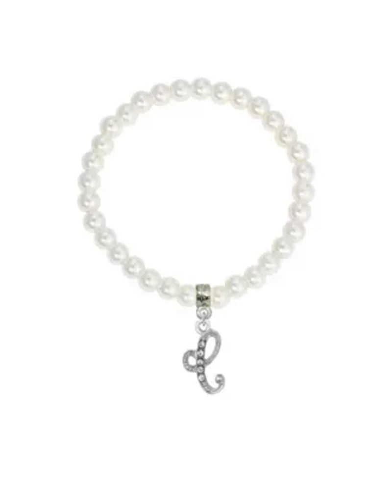 White Faux Pearl Bead Initial Charm Stretch Bracelet