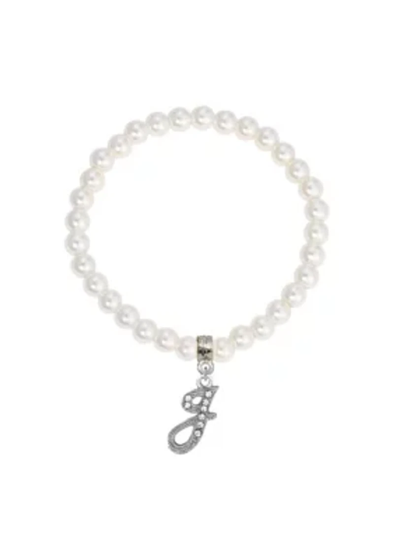 White Faux Pearl Bead Initial Charm Stretch Bracelet