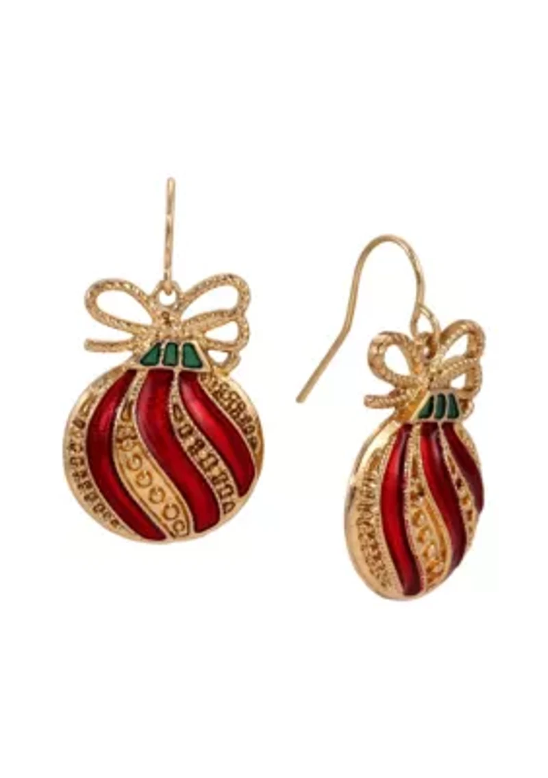 Gold Tone Red & Gold Christmas Ornament Wire Earring