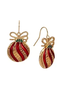 Gold Tone Red & Gold Christmas Ornament Wire Earring