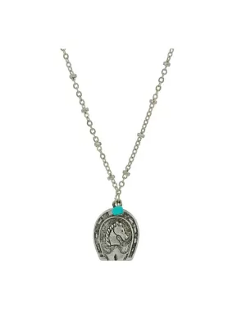 Pewter Turquoise  Horseshoe Pendant Necklace 16 Inch Adj