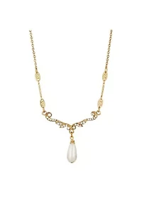 Gold Tone Pearl And Crystal Drop 16"+3" ADJ Necklace