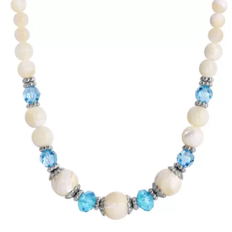 Silver Tone Aqua And Mother Of Pearl 15" + 3" ADJ Necklace