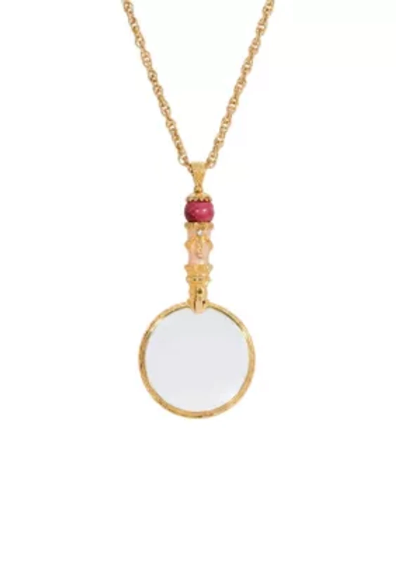 Gold Tone Pink Magnifier Necklace 30"