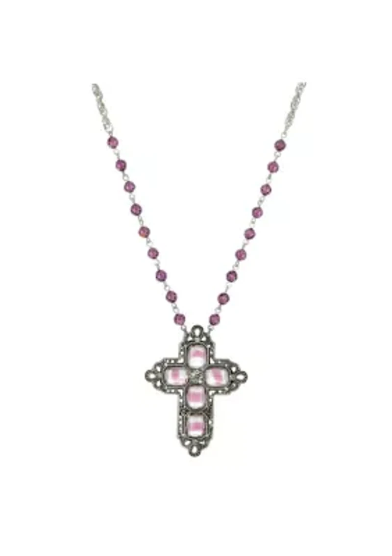 Pewter Rectangle Amethyst Color Crystal Cross Beaded Necklace 30 In.