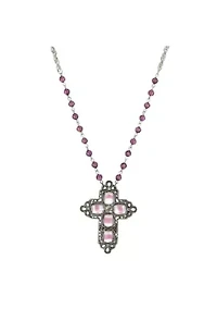 Pewter Rectangle Amethyst Color Crystal Cross Beaded Necklace 30 In.
