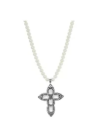 Pewter Rectange Clear Crystal Cross Pearl Necklace 18 In. Adj.