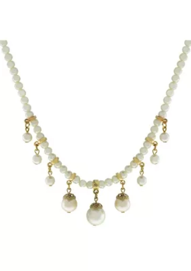 Gold Tone Pearl Chain With Graduated Drop Pearls Necklace 15 In. Adj.