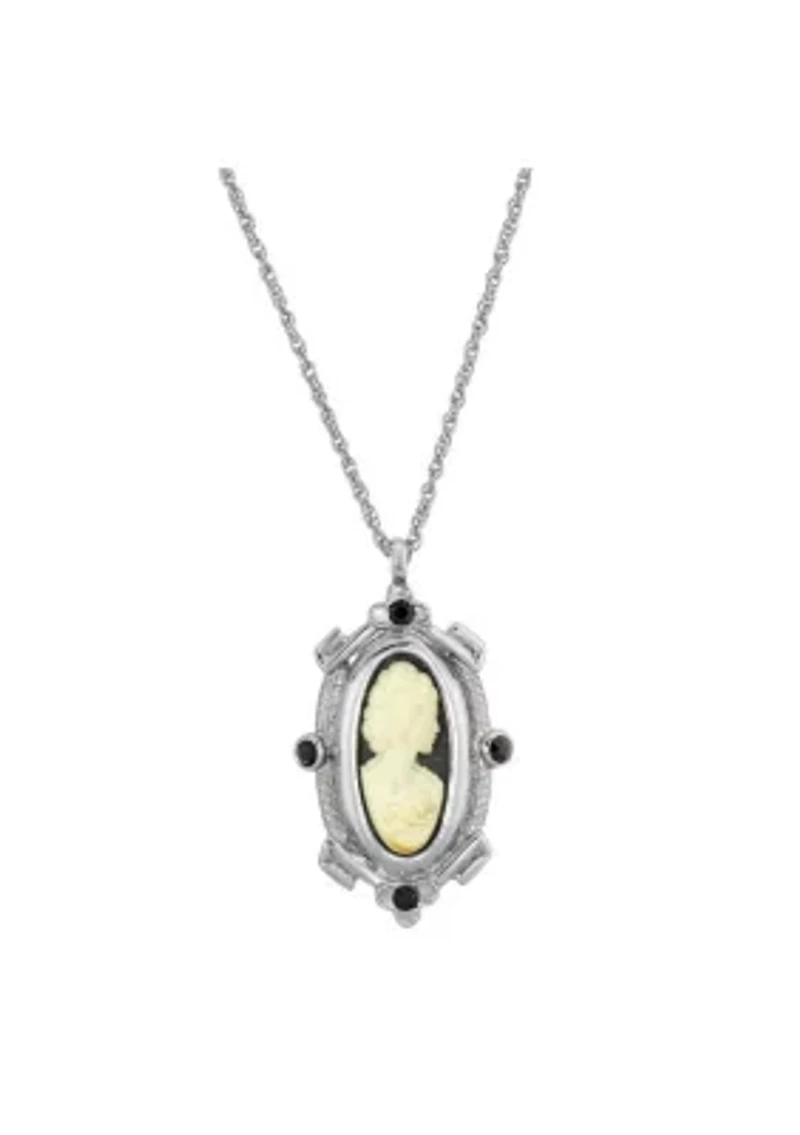 Silver Tone Black and White Oval Cameo Necklace 18 Inch
