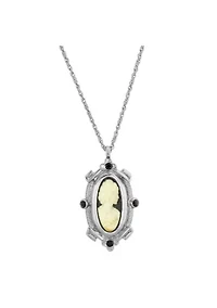 Silver Tone Black and White Oval Cameo Necklace 18 Inch