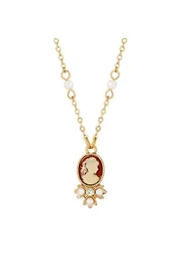 Gold Tone Oval Cameo Faux Pearl and Crystal Drop 16" + 3" ADJ Necklace