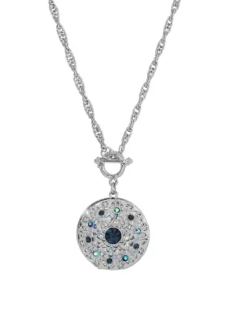 Silver Tone Rnd Blue Locket Necklace 28"
