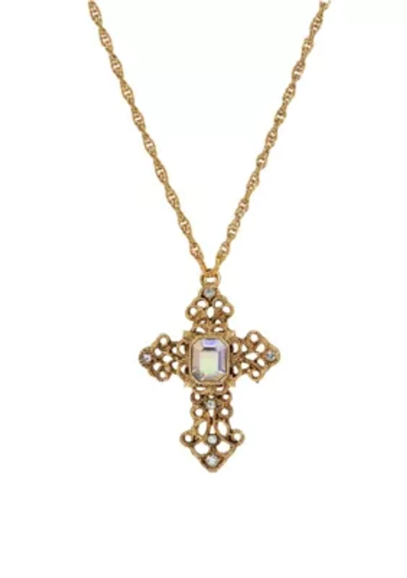 Purple Stone Crystal Cross Necklace 24"