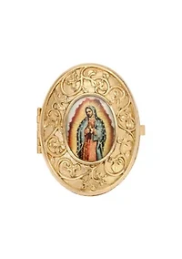 Gold Tone Our Lady of Guadalupe Decal Oval Pill Box