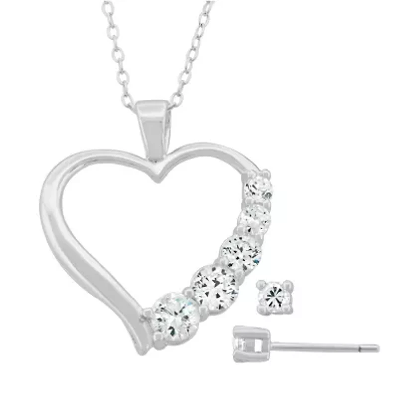 Lab Created Sterling Silver White Cubic Zirconia Open Heart Pendant and Stud Earring Set