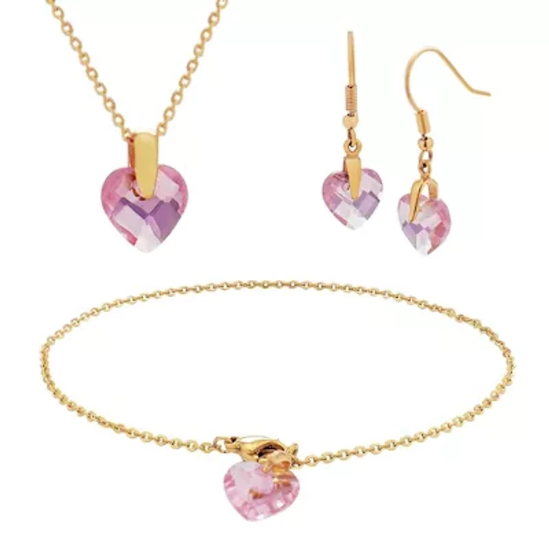 Crystal Glass Pink Checkerboard Heart Pendant, Bracelet and Drop Earring 3-Piece Jewelry Set in 18K Gold Plated Surgical Steel