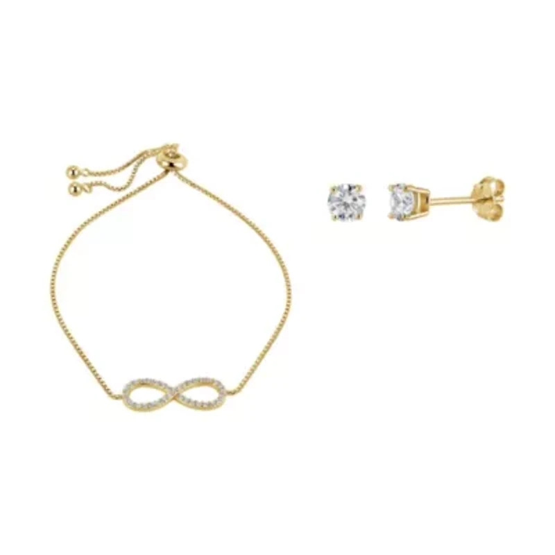 Lab Created Sterling Silver White Cubic Zirconia Infinity Adjustable Bolo Bracelet and 4mm CZ Stud Earring Set