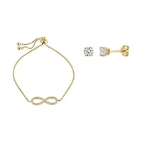 Lab Created Sterling Silver White Cubic Zirconia Infinity Adjustable Bolo Bracelet and 4mm CZ Stud Earring Set