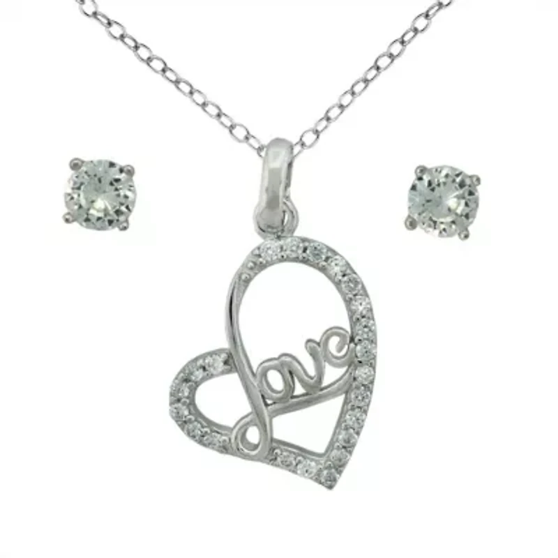 Lab Created Sterling Silver White Cubic Zirconia Love Heart Pendant and 4mm Round White Cubic Zirconia Stud Earring Set