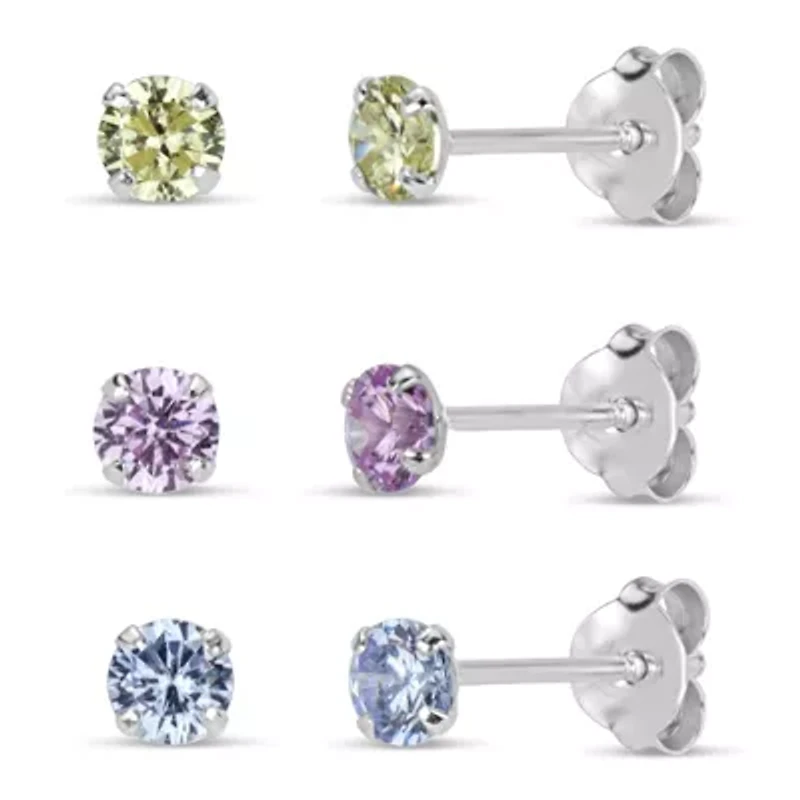 Lab Created Sterling Silver 4mm Round Pink, Lavendar and Peridot Cubic Zirconia 3-Pair Stud Earring Set