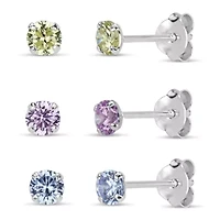 Lab Created Sterling Silver 4mm Round Pink, Lavendar and Peridot Cubic Zirconia 3-Pair Stud Earring Set