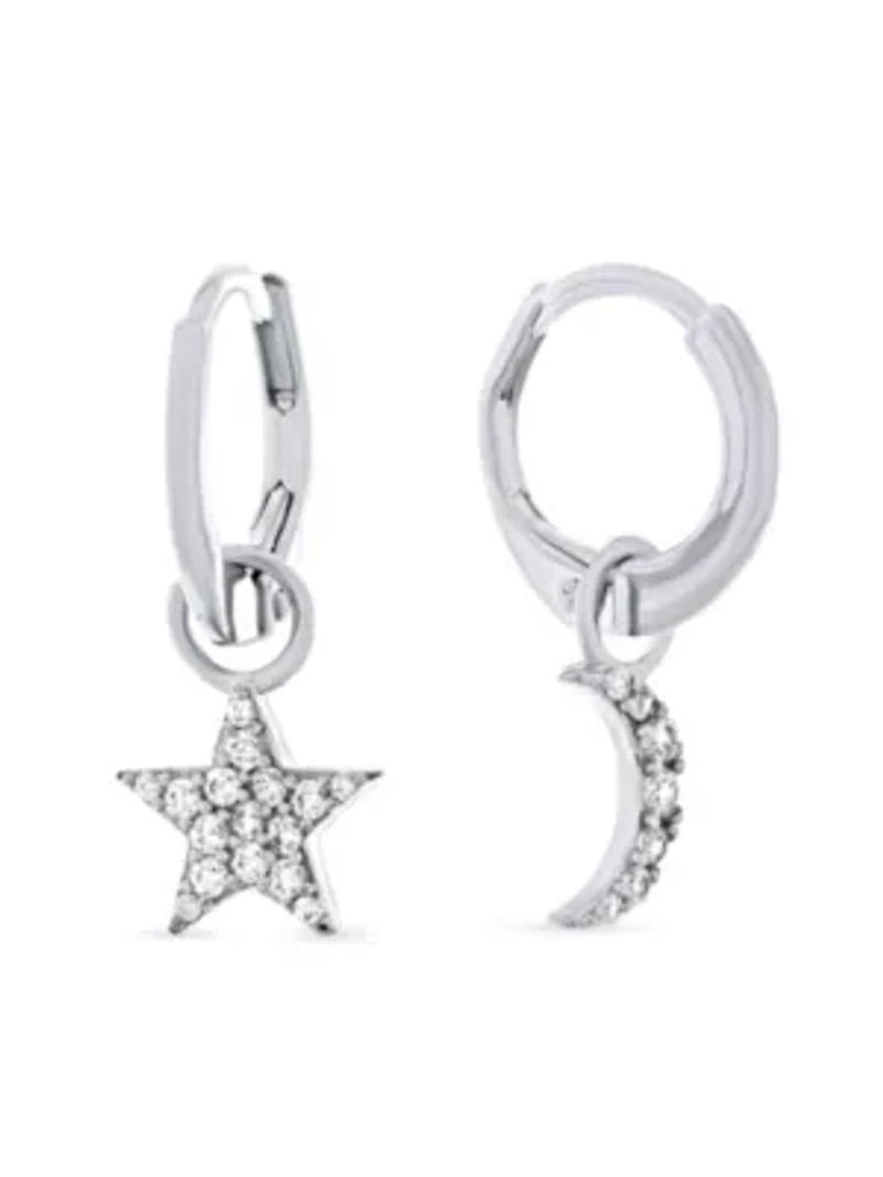 Sterling Silver Cubic Zirconia Moon Star Dangle Huggie Hoop Earrings