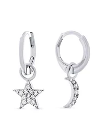 Sterling Silver Cubic Zirconia Moon Star Dangle Huggie Hoop Earrings