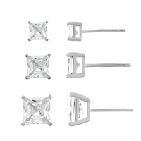 Sterling Silver Square Cubic Zirconia 3 Pair Stud Earring Set