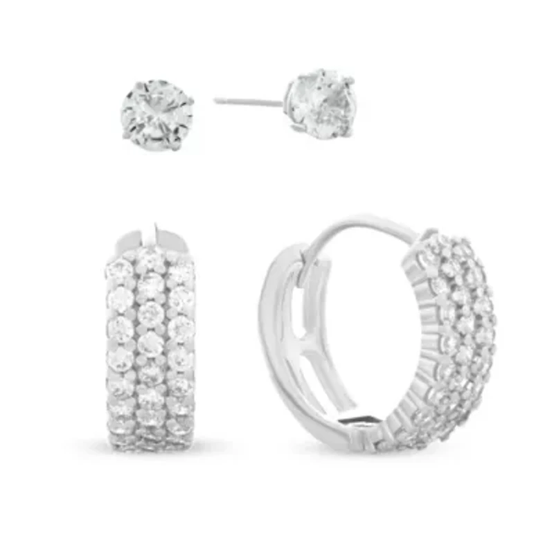 Sterling Silver Triple Row Huggie and Cubic Zirconia Stud 2 Pair Earring Set