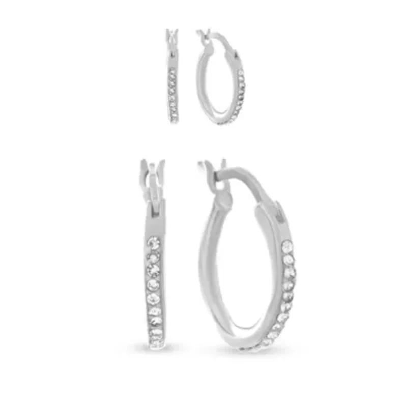 Sterling Silver Polished and Crystal 2 Pair Hoop Earring Set