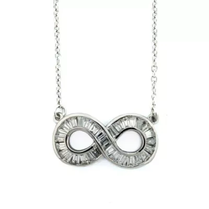 Platinum Plated Sterling Silver Cubic Zirconia Baguette Infinity Pendant 18-Inch Necklace